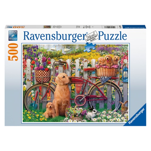 Ravensburger Pussel - Cute dogs in the garden 500 Bitar i gruppen PUSSEL / < 750 bitar hos Spelexperten (12000209)