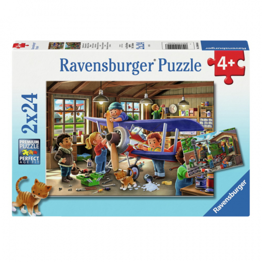 Ravensburger Pussel: Airplane & Train Repairs 2x24 Bitar i gruppen PUSSEL / Barnpussel hos Spelexperten (12004044)