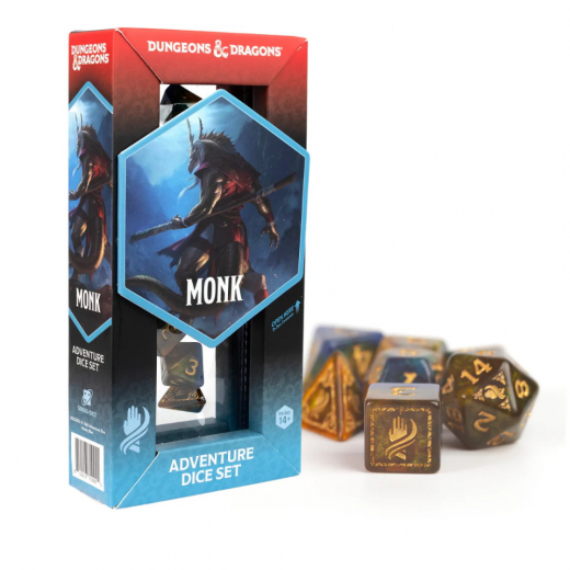 Dungeons & Dragons: Adventure Dice Set - Monk Blue/Gold i gruppen SÄLLSKAPSSPEL / Tillbehör / Tärningar & tillbehör hos Spelexperten (SDZ200213)